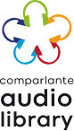 Logo of Comparlante Audiobook Library: Icon of multicolored headphones intertwined in a wheel shaping a flower over a white background with the words “Comparlante Audiobook Library” in black.