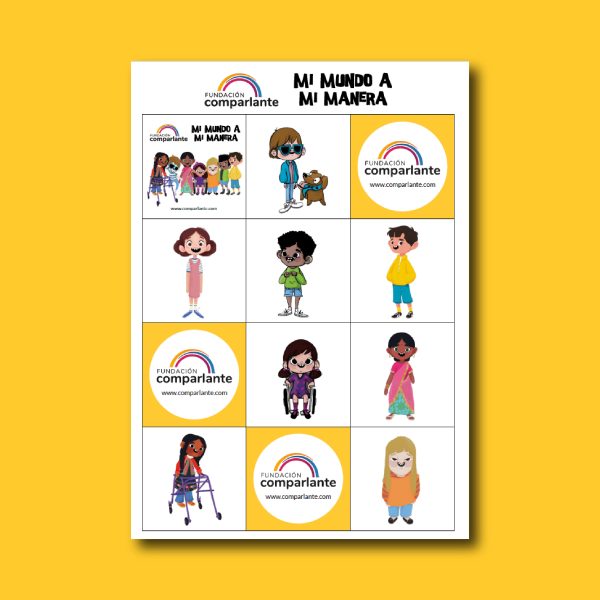 Illustrative image of the stickers with the characters from the program My World My Way. Includes a line of stickers with the Fundación Comparlante logo.