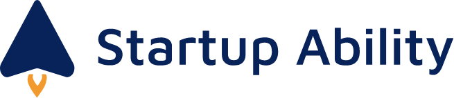 Logo of Startup Ability program: Dark blue triangle representing the figure of a rocket with a small flame of fire on the lower side, accompanied by the words "Startup Ability" in the same shade of blue and the words "accessibility for entrepreneuring” in light blue.