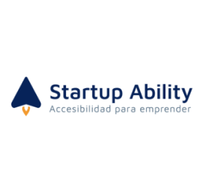 Logo de Programa Startup Ability: Triángulo de color azul obscuro representando la figura de un cohete con una pequeña llama de fuego en la parte inferior, acompañado de las palabras “Startup Ability” en el mismo tono de azul y las palabras “accesibilidad para emprender” en celeste.