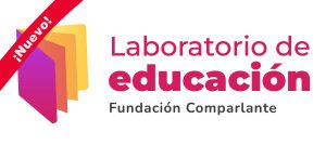 Logotipo del Laboratorio de Educación de Fundación Comparlante sobre fondo blanco. A la izquierda, una ilustración de un libro con páginas en colores magenta, violeta, naranja y amarillo. A la derecha, en letras magenta, se lee "Laboratorio de educación". Debajo, en letras negras y tamaño menor, "Fundación Comparlante".